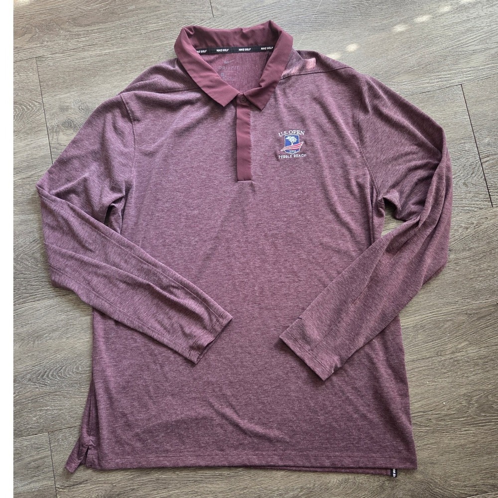Nike Golf Polo Mens XL Burgundy 2019 US Open Pebble Beach LS Dri-FIT